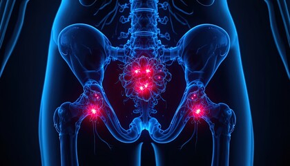 Explore the human pelvis anatomy with this striking visualization, highlighting potential joint pain and inflammation for medical education and health awareness