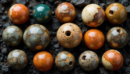 Still life ancient stone marbles arranged artistically with natural light and shadows Still life arrangement of ancient, weathered stone marbles, bathed in natural diffused light creating subtle