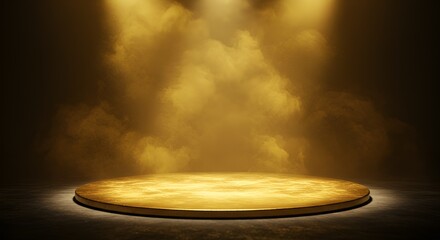 A golden circular stage stands illuminated by soft spotlights amidst smoky ambiance.