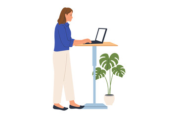 Illustration of Woman Working at an Adjustable Standing Desk. A side-view illustration of a woman working on her laptop at an adjustable standing desk, emphasizing active work and healthy posture