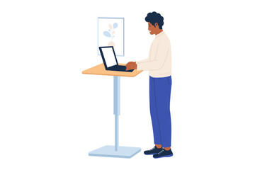 Illustration of Man Working at a Standing Desk. An illustration of a man working on his laptop at a standing desk, representing the trend towards ergonomic