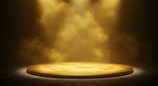A golden circular stage stands illuminated by soft spotlights amidst smoky ambiance.