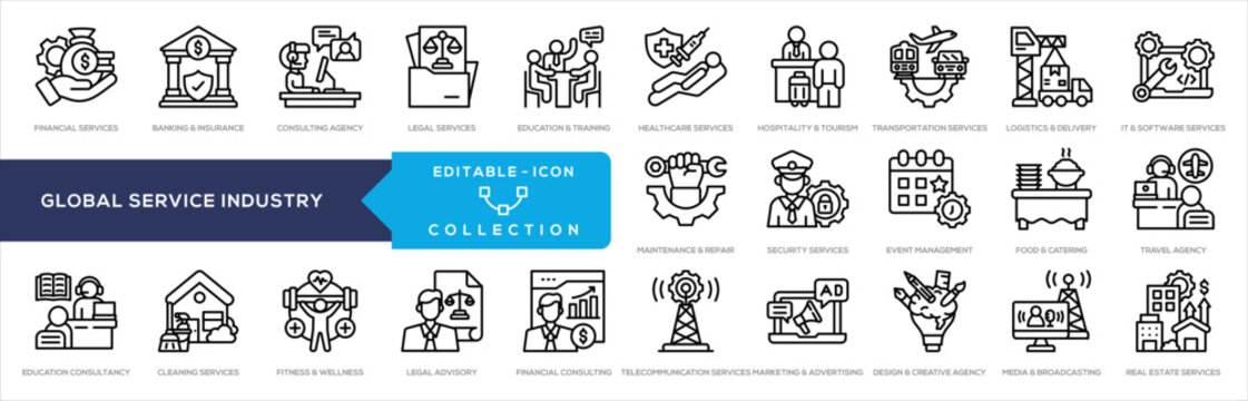 Global Service Industry Line Icon Collection