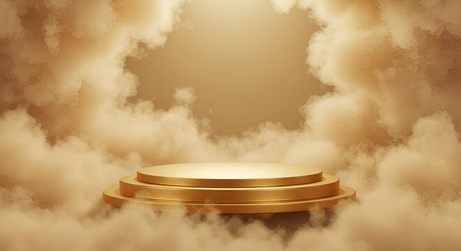 An ethereal golden platform is presented amid the soft swirls of abstract smoky clouds.