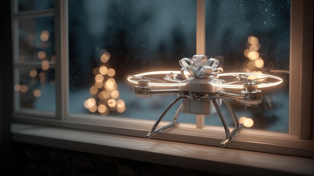 A small white drone sitting on a window sing