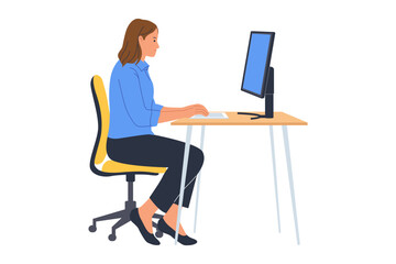 Woman Working on a Desktop Computer. Illustration of a woman sitting at her desk, working efficiently on a desktop computer monitor, symbolizing productivity and the modern office environment