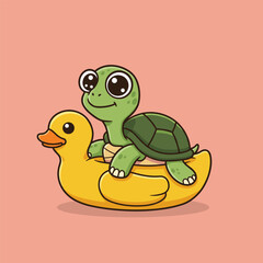 Happy green cartoon turtle riding a yellow rubber duck float illustration.