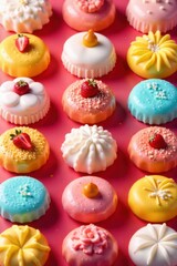 Geometric Paste Sweet Arrangement A top down view of a minimalist arrangement of perfectly uniform paste sweets. The sweets are arranged in a precise geometric pattern, such as a grid or radiating