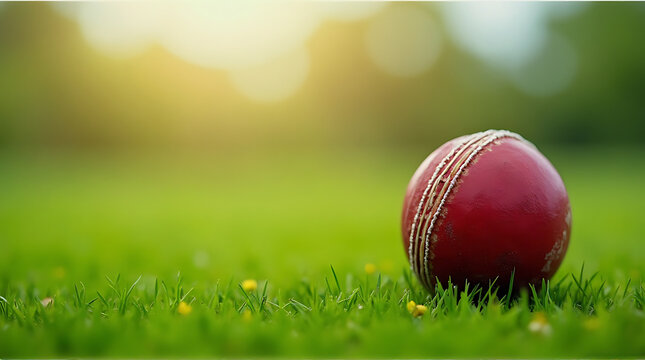 Close up of a red cricket ball resting on lush green grass, illuminated by gentle sunlight evoking - Powered by Adobe
