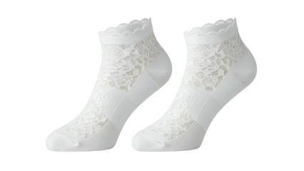 Pair of delicate white ankle socks featuring sheer lace detailing and scalloped trim
