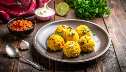 Delicious Indian Street Food - Aloo Tikki with Chutney and Fresh Herbs.