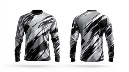 Front and back view, 3D long-sleeve jersey in deep silver featuring black and chrome brush strokes, isolated on a white background