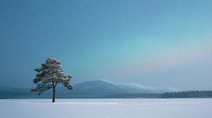 breathtaking snowy landscape featuring solitary pine tree under mesmerizing northern lights