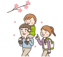 桜の下で遊ぶ親子三人（肩車）