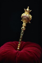 Regal Craftsmanship Intricate royal jewelry and ornate decorative objects showcasing artistry and luxury. A close up, detailed macro shot of an antique, intricately carved golden scepter adorned with