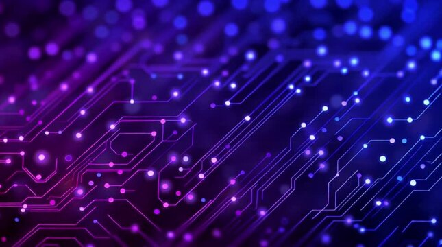 Dynamic digital circuit board pulses with vibrant blue and purple lights conveying futuristic technology and innovation in a captivating abstract background