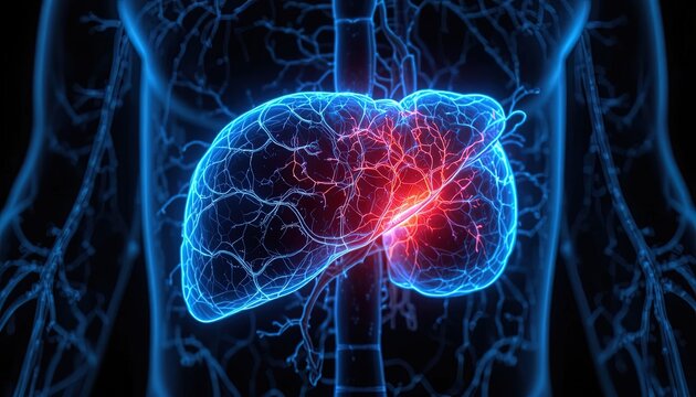 Radiant liver anatomy with glowing capillaries, a modern visualization for medical research and educational materials, highlighting vitality and function