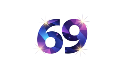 Stylized numeric combination sixty-nine featuring cosmic colors and bright accents on a black background