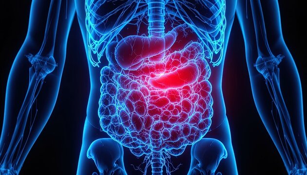 Stomach pain concept in glowing neon blue, highlighting digestive health and potential illness with bright red inflammation for medical illustration