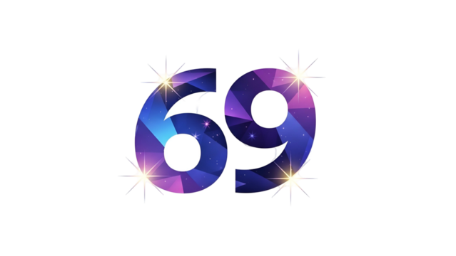Stylized numeric combination sixty-nine featuring cosmic colors and bright accents on a black background