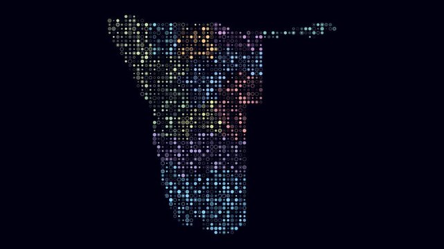 Namibia animated country shape. Pulsating colored dots on the map of the country. Small size circle blocks. Digital style Namibia map on dark background. Creative animation video.