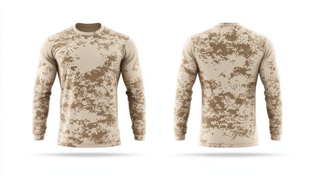 Front and back view, 3D long-sleeve jersey in desert tan with digital camouflage brush strokes isolated on a white background