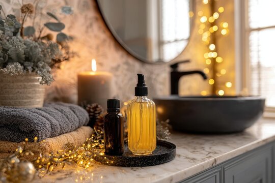 Cozy bathroom scene with soft candlelight, featuring skincare products on a marble counter, surrounded by festive decorations and a warm, inviting atmosphere