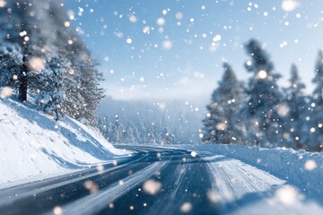 A scenic snowy landscape with a winding road, soft white snowflakes falling, bright daylight illuminating the journey, inviting and adventurous mood