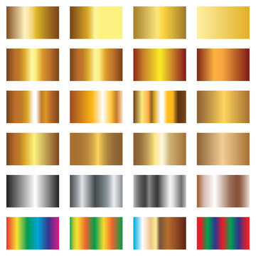 Premium gold and metallic gradient palette set, shiny color swatch collection vector, luxury metal tone design elements for graphic resources