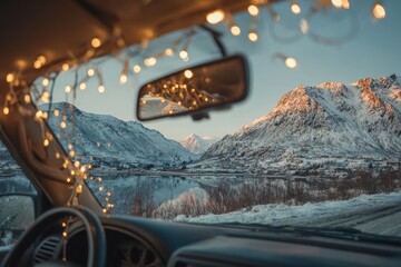 A festive New Year's road trip, car parked near a snowy mountain, twinkling fairy lights hanging from the rearview mirror, joyful and nostalgic vibe
