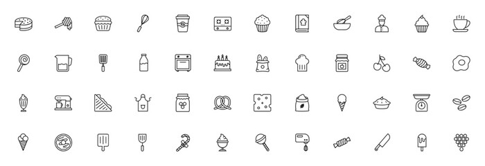 Bakery and Sweet icon set. Kitchen vector icons pack Includes dessert, cupcake chef, oven, mixer, coffee ice cream and more. Editale stroke illustration.