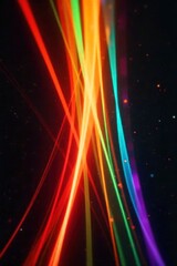Light Refractions Through Poster Lens A dynamic abstract of vibrant, colorful light streaks and refractions emanating from an unseen source, mimicking the optical effect of light passing through a