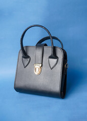 A black bag stands neatly against a bright blue background 