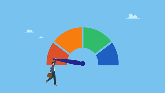 Frustrated businessman hold tight on performance gauge. Poor performance employee, bad rating evaluation, credit score, assessment, performance review, failure worker or credit score.