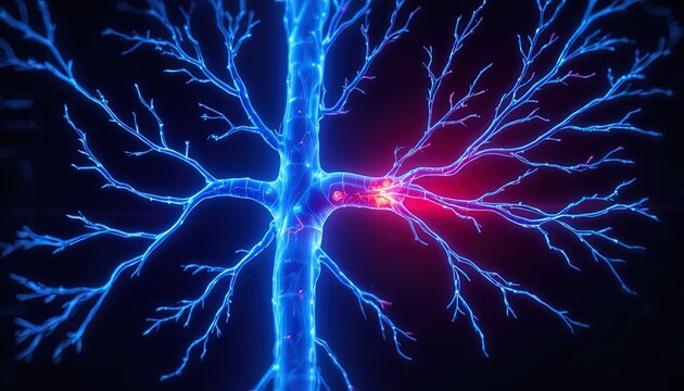 Stunning detailed neuron network with vibrant blue and red glow for science, medical research, and cutting-edge technology presentations or designs