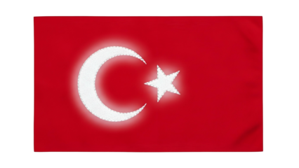 Waving national banner featuring a glowing white crescent and star prominently displayed against a deep red field.