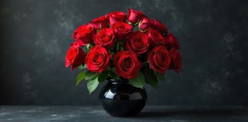 A dramatic bouquet of deep red roses and dark green foliage arranged in a striking black ceramic vase, set against a textured charcoal background. A dramatic bouquet of deep red roses and dark green