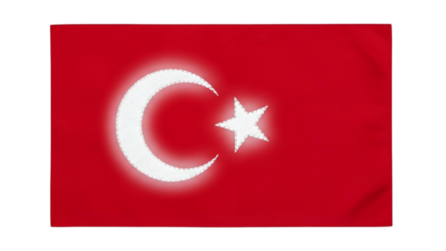 Waving national banner featuring a glowing white crescent and star prominently displayed against a deep red field.