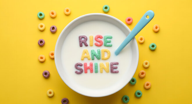 Colorful cereal letters spelling rise and shine floating in a bowl of milk with a blue spoon and scattered cereal rings on a bright yellow background, representing a cheerful morning