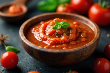 Sun dried Tomatoes and Olive Oil Pasta Sauce A rustic wooden bowl filled with a vibrant tomato sauce made with sun dried tomatoes and olive oil, showing texture and rich colors.