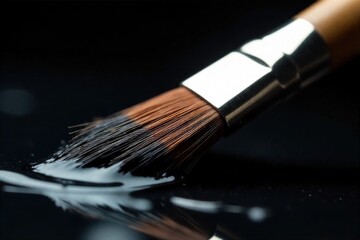 Paintbrush Dipped in Metallic Gold Paint Luxurious Texture and Shine Extreme close up of the bristles of a paintbrush submerged in a thick, swirling pool of luxurious metallic gold paint. The paint is