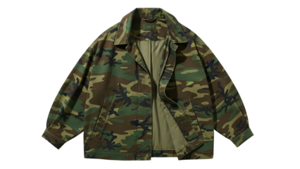 Military inspired pattern outerwear garment displayed against a solid dark background