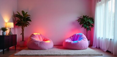 Cozy tween living room, gaming setup, vibrant colors, comfortable seating, tech accessories, and relaxed ambiance. A vibrant and cozy tween living room, bathed in soft, colorful LED lighting. A modern
