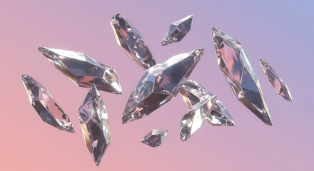 Numerous faceted mineral forms float against a pastel gradient background.
