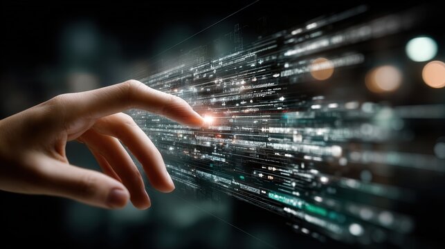 A human hand reaching toward a transparent holographic screen displaying subtle AI patterns under futuristic lab lighting.