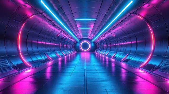 Futuristic tunnel with vibrant neon lights - Powered by Adobe