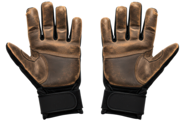 Pair of worn brown leather work gloves with wrist straps on a transparent background