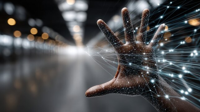 A human hand reaching toward a transparent holographic screen displaying subtle AI patterns under futuristic lab lighting. - Powered by Adobe