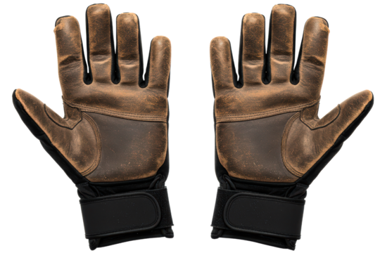Pair of worn brown leather work gloves with wrist straps on a transparent background