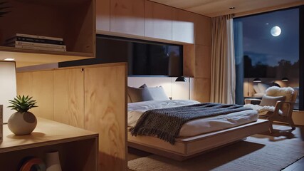 Cozy bed with white blanket and black headboard situated in room with starry night sky, featuring warm lamp glow on adjacent nightstand, perfect for stock media buyers seeking visuals that evoke.